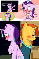 Size: 1200x1800 | Tagged: safe, artist:zouyugi, starlight glimmer, sunburst, pony, unicorn, comic:confession, g4, angry, blushing, comic, dialogue, letter, smiling