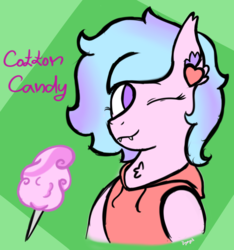 Size: 2893x3092 | Tagged: safe, artist:dyonys, oc, oc only, oc:cotton candy, bat pony, bat pony oc, bust, clothes, cutie mark, ear fluff, ear piercing, earring, fluffy, high res, jewelry, one eye closed, piercing, simple background, smiling, solo, wink