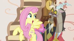 Size: 1280x720 | Tagged: safe, screencap, discord, fluttershy, draconequus, pegasus, pony, discordant harmony, g4, clothes, duo, fading, flying, glasses, sweater, transparent