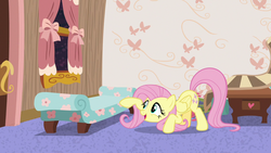Size: 1280x720 | Tagged: safe, screencap, fluttershy, pegasus, pony, discordant harmony, g4, chair, crouching, cute, female, mare, shyabetes, solo