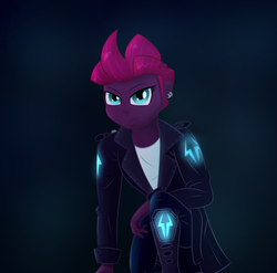 Size: 1410x1395 | Tagged: safe, artist:xethshade, tempest shadow, equestria girls, g4, my little pony: the movie, alternate hairstyle, black background, boots, clothes, ear piercing, earring, equestria girls-ified, female, jacket, jewelry, leather jacket, piercing, shoes, simple background, solo