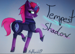 Size: 1024x741 | Tagged: safe, artist:nightpaintlp, tempest shadow, pony, unicorn, g4, my little pony: the movie, alternate hairstyle, armor, broken horn, eye scar, female, horn, mare, scar, solo, sparks