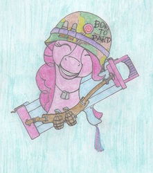Size: 1268x1436 | Tagged: safe, artist:agentappleblanket, pinkie pie, g4, born to x, bust, camouflage, drawing, full metal jacket, grenade, helmet, m202 flash, streamers, traditional art