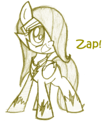 Size: 1052x1200 | Tagged: safe, artist:lilboulder-cloudsdalefillies, fluttershy, zapp, pegasus, pony, g4, female, filly, filly fluttershy, hair over one eye, monochrome, open mouth, power ponies, simple background, sketch, smiling, solo, superhero, text, white background, younger