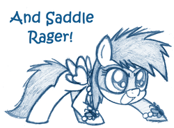 Size: 1280x947 | Tagged: safe, artist:lilboulder-cloudsdalefillies, rainbow dash, saddle rager, pegasus, pony, g4, female, filly, filly rainbow dash, monochrome, open mouth, power ponies, simple background, sketch, smiling, solo, superhero, text, white background, younger