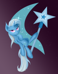 Size: 2200x2800 | Tagged: safe, artist:coldtrail, trixie, pony, unicorn, g4, crescent moon, cutie mark, female, high res, looking at you, mare, moon, slouching, solo, sparkles, stars, tangible heavenly object, wand