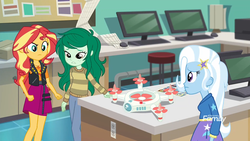 Size: 1920x1080 | Tagged: safe, screencap, sunset shimmer, trixie, wallflower blush, equestria girls, equestria girls series, forgotten friendship, computers, desk, drone, invisible (song), recording