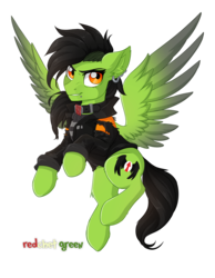 Size: 1300x1679 | Tagged: safe, artist:redchetgreen, oc, oc only, pegasus, pony, black mane, clothes, cocky, confident, determined, ear piercing, earring, green coat, jewelry, looking at you, orange eyes, piercing, simple background, smiling, solo, transparent background