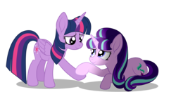 Size: 3902x2043 | Tagged: safe, artist:squipycheetah, starlight glimmer, twilight sparkle, alicorn, pony, unicorn, g4, the cutie re-mark, cute, duo, duo female, female, forgiveness, high res, holding hooves, leaning, looking at each other, looking at someone, lying down, redemption, s5 starlight, simple background, smiling, transparent background, twilight sparkle (alicorn)