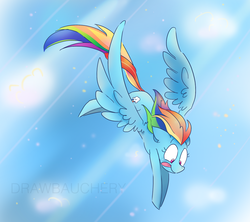 Size: 3953x3517 | Tagged: safe, artist:drawbauchery, rainbow dash, pegasus, pony, g4, female, flying, high res, looking down, mare, sky, solo, tongue out, wings