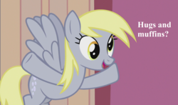 Size: 1836x1080 | Tagged: safe, edit, edited screencap, editor:korora, screencap, derpy hooves, g4, slice of life (episode), bowling alley, bronybait, cropped, cute, derpabetes, hug request, text