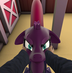 Size: 930x932 | Tagged: safe, artist:red4567, tempest shadow, human, g4, my little pony: the movie, 3d, angry, broken horn, cheekpest shadow, cute, horn, looking at you, offscreen character, pov, scene interpretation, source filmmaker, squishy cheeks, tempestbetes, this will end in pain
