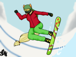 Size: 2000x1500 | Tagged: safe, artist:spokenmind93, applejack, anthro, unguligrade anthro, g4, boots, cutie mark, helmet, shoes, signature, snow, snowboard, tail, winter, winter olympic games, winter olympics