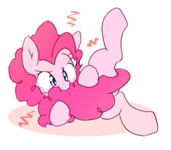 Size: 2048x1793 | Tagged: safe, artist:akainu_pony, pinkie pie, earth pony, pony, g4, behaving like a dog, biting, chasing own tail, cotton candy, cotton candy tail, cute, diapinkes, female, mare, nom, on side, silly, silly pony, simple background, solo, spread legs, spreading, tail between legs, tail bite, white background
