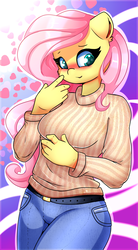 Size: 1700x3072 | Tagged: safe, artist:madacon, fluttershy, anthro, g4, belt, blushing, clothes, cute, female, heart, jeans, mare, pants, shyabetes, solo, sweater, sweatershy