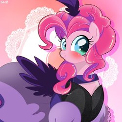 Size: 768x768 | Tagged: safe, artist:sue, pinkie pie, earth pony, pony, g4, blushing, clothes, dress, female, heart eyes, looking at you, saloon pinkie, solo, wingding eyes