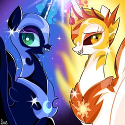 Size: 768x768 | Tagged: safe, artist:sue, daybreaker, nightmare moon, alicorn, pony, g4, crown, duo, female, jewelry, looking at you, mare, regalia