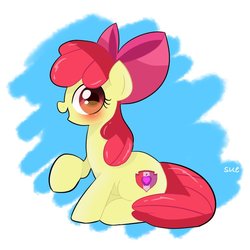 Size: 768x768 | Tagged: safe, artist:sue, apple bloom, earth pony, pony, g4, adorabloom, blushing, bow, cute, female, filly, looking at you, solo