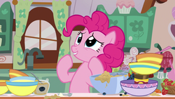 Size: 1920x1080 | Tagged: safe, screencap, pinkie pie, g4, secrets and pies, bowl, female, mixing bowl, solo, sugarcube corner