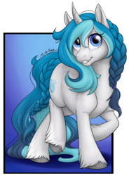 Size: 1128x1534 | Tagged: safe, artist:mythpony, oc, oc only, oc:bubble lee, pony, unicorn, female, freckles, gift art, looking at you, mare, raised hoof, smiling, solo, unshorn fetlocks