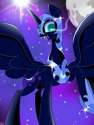 Size: 768x1024 | Tagged: safe, artist:nanima, artist:sue, nightmare moon, alicorn, pony, g4, crown, female, jewelry, looking at you, magic, mare, moon, regalia, solo