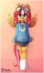 Size: 797x1300 | Tagged: safe, artist:hoodie, oc, oc only, oc:tailspin, pegasus, semi-anthro, arm hooves, bandaid, bandaid on nose, bipedal, clothes, cute, female, goggles, hoodie, miniskirt, ocbetes, open mouth, pleated skirt, skirt, skirt lift, smiling, socks, solo, spread wings, wings