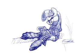 Size: 887x643 | Tagged: safe, artist:shoeunit, cheerilee, earth pony, pony, semi-anthro, g4, clothes, female, flower, flower in hair, mare, reading, school uniform, solo, traditional art