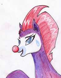 Size: 1374x1739 | Tagged: safe, artist:40kponyguy, derpibooru exclusive, fizzlepop berrytwist, tempest shadow, unicorn, my little pony: the movie, broken horn, bust, clown, clown nose, colored pencil drawing, ear fluff, female, looking at you, mare, red nose, requested art, rodeo clown, simple background, solo, traditional art, white background
