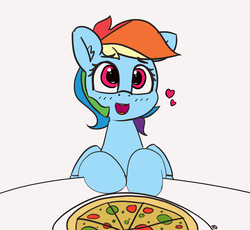 Size: 3276x3011 | Tagged: safe, artist:pabbley, rainbow dash, pegasus, pony, g4, 30 minute art challenge, blushing, cute, dashabetes, date, female, food, happy, heart, high res, looking at you, mare, open mouth, pizza, signature, sitting, solo, table, that pony sure does love pizza