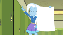 Size: 1920x1080 | Tagged: safe, edit, edited screencap, screencap, trixie, equestria girls, equestria girls series, forgotten friendship, g4, canterlot high, clothes, discovery family logo, eyes closed, female, hallway, hoodie, insert picture here, lockers, meme, meme template, pointing, poster, skirt, solo, template, trixie's poster