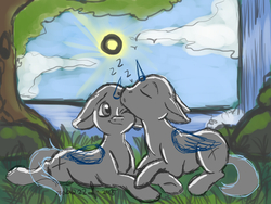 Size: 800x600 | Tagged: safe, artist:zobaloba, oc, oc only, pony, auction, commission, couple, floppy ears, friend, nap, nature, onomatopoeia, relax, sketch, sound effects, sun, tree, water, waterfall, your character here, zzz