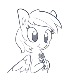 Size: 1650x1650 | Tagged: safe, artist:tjpones, rainbow dash, pegasus, pony, g4, chocolate bar, ear fluff, eating, female, grayscale, hoof hold, mare, monochrome, mounds, simple background, solo, white background