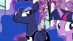Size: 900x506 | Tagged: safe, screencap, princess luna, twilight sparkle, alicorn, equestria girls, equestria girls series, forgotten friendship, g4, animated, cutie mark, discovery family logo, duo, female, flower, hall, horn, jewelry, lavender, regalia, stained glass, twilight sparkle (alicorn), wings