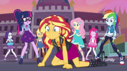 Size: 557x311 | Tagged: safe, screencap, applejack, fluttershy, pinkie pie, rainbow dash, rarity, sci-twi, sunset shimmer, twilight sparkle, equestria girls, equestria girls specials, g4, my little pony equestria girls: better together, my little pony equestria girls: forgotten friendship, all fours, animated, boots, clothes, converse, discovery family logo, dress, female, glasses, humane five, humane seven, humane six, humans doing horse things, jacket, leather jacket, pantyhose, ponytail, school, shoes, skirt