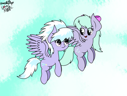 Size: 2048x1536 | Tagged: safe, artist:php142, cloudchaser, flitter, pegasus, pony, g4, accessory, bow, cloud, cute, female, flying, heart eyes, looking at each other, outdoors, sisters, sky, wingding eyes