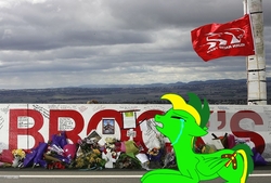 Size: 1024x694 | Tagged: safe, artist:didgereethebrony, oc, oc only, oc:didgeree, bathurst, crying, flag, flower, holden, memorial, mount panorama, mourning, peter brock, race track, solo, tears of pain