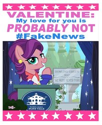 Size: 736x900 | Tagged: safe, artist:pixelkitties, spoiled rich, earth pony, pony, g4, clothes, ear piercing, earring, eyelashes, eyeliner, eyeshadow, fake news, female, hair, holiday, jewelry, lidded eyes, looking at you, makeup, mane, mare, mother, piercing, pink fur, purple hair, purple mane, purple tail, raised hoof, smiling, solo, tail, teal eyes, valentine's day, votehorse