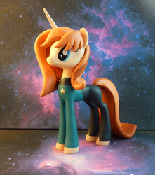 Size: 794x900 | Tagged: safe, artist:krowzivitch, pony, unicorn, beverly crusher, clothes, commission, craft, female, figurine, mare, ponified, sculpture, solo, star trek, star trek: the next generation, starry backdrop, uniform