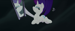Size: 1920x808 | Tagged: safe, screencap, rarity, storm king, pony, unicorn, g4, my little pony: the movie, bobblehead, eyes closed, falling, female, mare, mirror, narcissism, rarity being rarity, solo, toy
