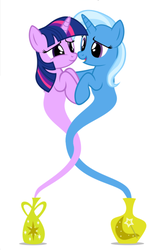 Size: 420x664 | Tagged: safe, artist:navitaserussirus, trixie, twilight sparkle, genie, asktwixiegenies, g4, cropped, female, lesbian, looking at each other, ship:twixie, shipping, simple background, white background
