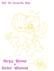 Size: 1280x1696 | Tagged: safe, artist:shinta-girl, derpy hooves, doctor whooves, time turner, g4, dream, februpony, female, male, monochrome, ship:doctorderpy, shipping, straight, traditional art