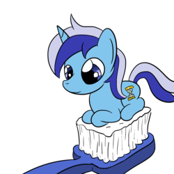 Size: 1280x1280 | Tagged: safe, artist:phat_guy, derpibooru exclusive, minuette, pony, unicorn, g4, cute, female, looking down, lying down, mare, micro, ponyloaf, prone, pun, simple background, sitting, smiling, solo, toothbrush, transparent background, visual pun