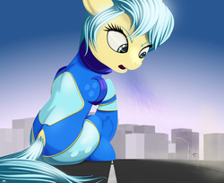 Size: 1750x1430 | Tagged: safe, artist:styroponyworks, oc, oc:ultramare, earth pony, human, pony, butt, city, clothes, croup, dock, female, giant pony, looking down, macro, mare, open mouth, plot, screaming, sitting, solo focus, street, streetlight, suit, tail, tail hole, yelling