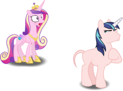 Size: 2965x2198 | Tagged: safe, artist:rustle-rose, artist:tardifice, edit, editor:slayerbvc, vector edit, princess cadance, shining armor, alicorn, pony, unicorn, g4, bald, blushing, casual nudity, clothed female nude male, embarrassed, eyes on the prize, female, furless, furless edit, high res, jaw drop, male, mare, nude edit, nudity, oblivious, open mouth, raised hoof, shaved, shaved tail, simple background, squint, stallion, transparent background, vector