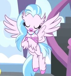 Size: 334x356 | Tagged: safe, screencap, silverstream, classical hippogriff, hippogriff, g4, school daze, crossed arms, eyes closed, female, flying, jewelry, necklace, solo