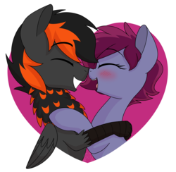 Size: 2878x2804 | Tagged: safe, artist:dativyrose, oc, oc only, oc:blazing heart, oc:crafted sky, hippogriff, pony, blafted, blushing, boop, cute, duo, eyes closed, heart, high res, hug, mutual booping, neck feathers, noseboop, oc x oc, shipping, simple background, smiling, transparent background, ych result
