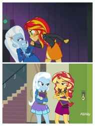 Size: 3106x4096 | Tagged: safe, screencap, sunset shimmer, trixie, equestria girls, equestria girls specials, g4, my little pony equestria girls: better together, my little pony equestria girls: forgotten friendship, my little pony equestria girls: rainbow rocks, comparison, discovery family logo, lockers, yearbook