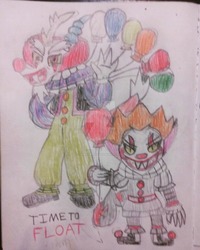 Size: 1024x1279 | Tagged: safe, artist:tobiisabunny, discord, oc, oc:dante, oc:dante the savage imp, pony, g4, balloon, clown nose, fangs, it, pennywise, ponified, red nose, simple background, traditional art