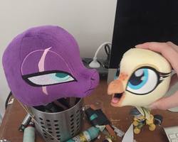 Size: 1080x865 | Tagged: safe, artist:nazegoreng, princess skystar, tempest shadow, classical hippogriff, hippogriff, g4, my little pony: the movie, done with your shit, eye scar, head, irl, photo, plushie, scar, wip