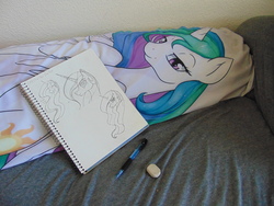 Size: 5152x3864 | Tagged: safe, artist:supra80, artist:theparagon, princess celestia, g4, bed, body pillow, drawing tablet, eraser, irl, mechanical pencil, photo, sketchbook, solo, traditional art